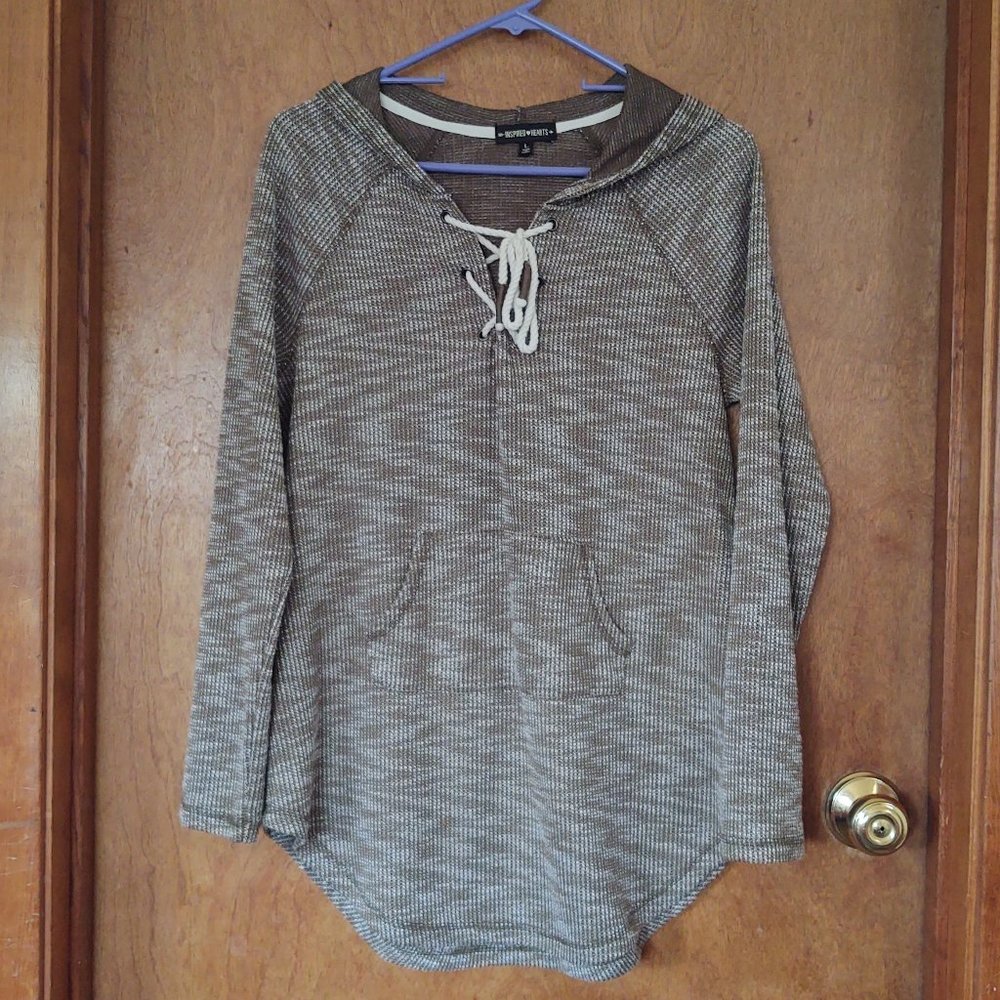 WOMEN'S THERMAL KNIT PULLOVER HOODED KANGAROO POCKET OLIVE SMILE HEM SIZE L
